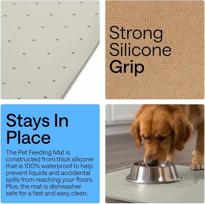 GORILLA GRIP 100% Waterproof Raised Edge BPA Free Silicone Pet Feeding Mat, Dog Cat Food Mats Contain Spills Protects Floors, Placemats for Cats, Dogs Water Bowl, Pets Accessories 18.5x11.5 Light Gray