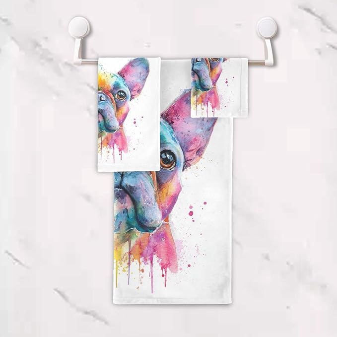 Pfrewn French Bulldog Puppy Towels Set of 3 Watercolor Dog Colorful Art Bathroom Towel Soft Absorbent Bath Hand Towels Washcloth Guest Towel Sets Bathroom Decorations
