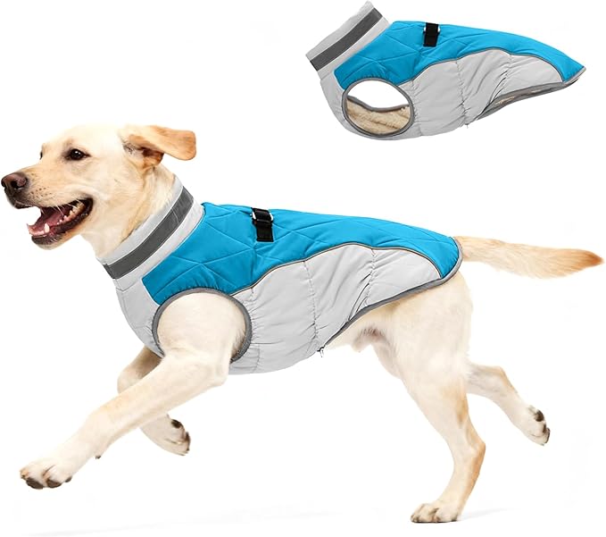 Dog Coat for Large Dogs, Adjustable Dog Jackets for Cold Weather, Reflective Winter Coat with Built-in Harness, Snowsuit Fits Dogs 22-47 lbs and Up, Size L Blue