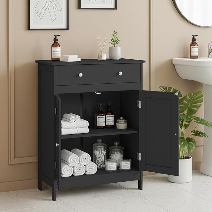 Karl home Black Floor Storage Cabinet, Freestanding Storage Unit with 2 Doors, Thin Toilet Organizer for Small Spaces，for Entryway, Bathroom