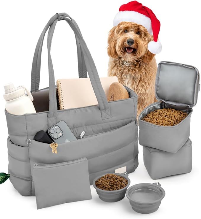 Puffer Dog Travel Bag for Dog Moms – Doggy Diaper Bag with Pet Bowls & Food Storage or Everyday Puffy Tote – Christmas Doggy Mom Gifts for Women – Lightweight, Travel-Ready Gift for Pet Lovers - Grey