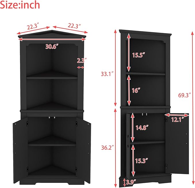 KEIKI 69.3" Corner Storage Cabinet with Round Edges, 2 Open Shelves and Door for Maximum Storage in Small Spaces, Stylish - Black