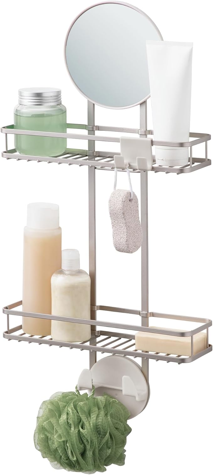 iDesign Self-Adhesive Shower Caddy with Mirror and Accessory Hooks - Satin