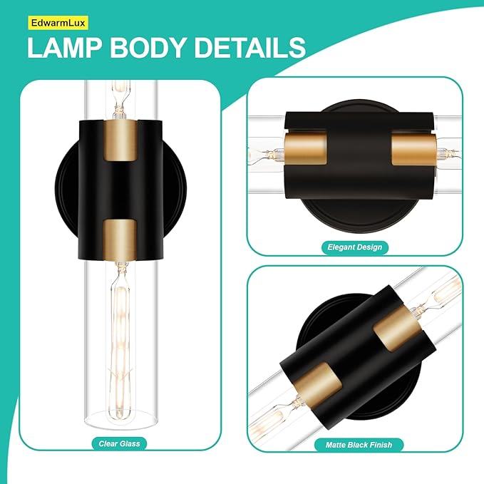 2-Light Bathroom Vanity Light Fixtures, 17.5" Indoor Wall Sconce with Clear Glass, Modern Cylinder Wall Lights for Bathroom, Bedroom, Hallway, Stairways, Living Room (Matt Black)