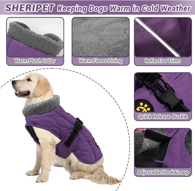 Dog Coat for Winter, Windproof Dog Apparel for Cold Weather, Furry Collar Warm Fleece Lining Water Resistant Pet Coats with Buckle, Reflective Pet Winter Clothes for Large Dogs, Purple XXL