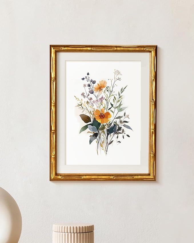 Gold Bamboo Style Framed Floral Canvas Wall Art, Elegant 11x14 Inch Botanical Flower Print, Modern Soft Illustration Watercolor-Inspired Artwork, Bedroom Entryway Bathroom Decor