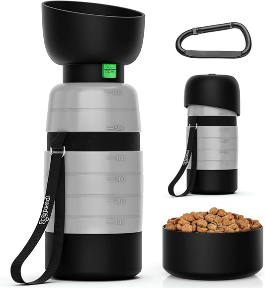 Pecute 3-in-1 Dog Water Bottle – 22oz Water + 5oz Food Container & Foldable Bowl for Outdoor Travel