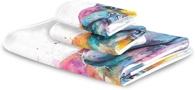 Pfrewn French Bulldog Puppy Towels Set of 3 Watercolor Dog Colorful Art Bathroom Towel Soft Absorbent Bath Hand Towels Washcloth Guest Towel Sets Bathroom Decorations