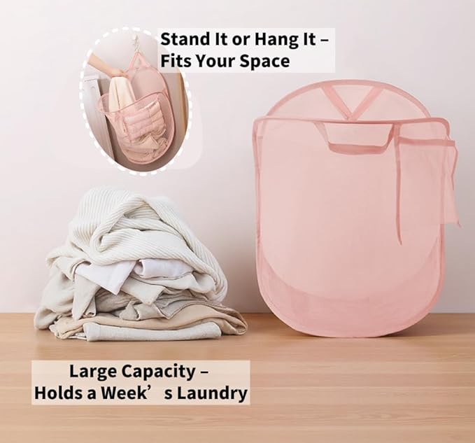 Pink Foldable Mesh Pop Up Laundry Hamper Set with Washing Machine Pet Hair Catcher, Lint Remover & Self-Adhesive Bow Hooks – Breathable and Space-Saving Design for Balcony Laundry Room Organization