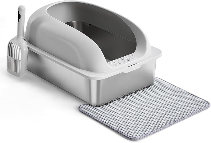 Stainless Steel Cat Litter Box with Lid, High Sided Large Cat Litter Box for Anti-Urine Leakage, Included Scoop and Litter Mat, Light Gray