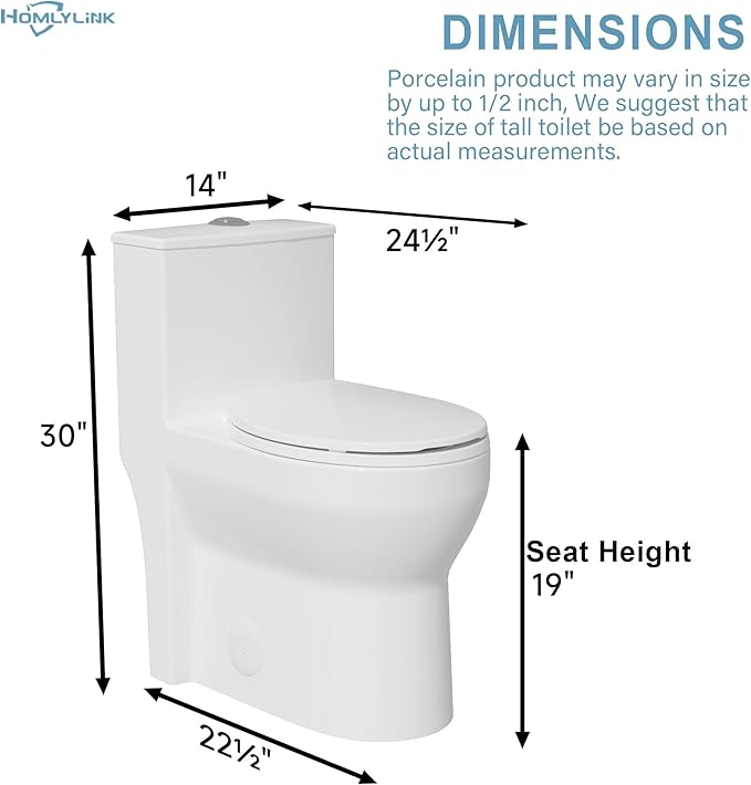 19 Inch Compact Modern Tall Toilet for Seniors,Tornado Flush One Piece ADA High Skirt Toilet for Small Bathroom Space, Dual Flush 1.0/1.28 GPF, Comfort Bowl Heigh 18 Inch,12" Rough-in, White