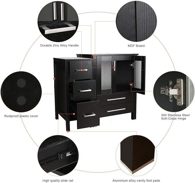 eclife 72" Modern Bathroom Vanity Sink Combo Freestanding Cabinet with Small Side Cabinet, Without Vessel Sink, Faucet, Drain (Black Vanity Only)