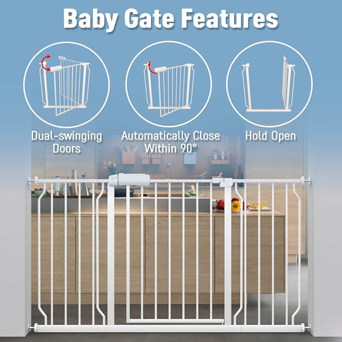 ALLAIBB Extra Wide Pressure Mount Baby Gate Auto Close White Metal Child Dog Pet Safety Gates with Walk Through for Stairs,Doorways,Kitchen and Living Room(66.93-71.65"/170-182cm)