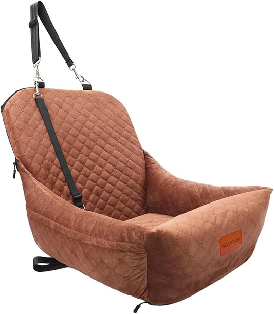 Dog Car Seat for Small Dogs,Covered Soft Fabric and Fill in Memory Foam,Easy to Assemble and Fully Detachable,2 Clip-On Safety Leashes and Storage Pockets(Brown)