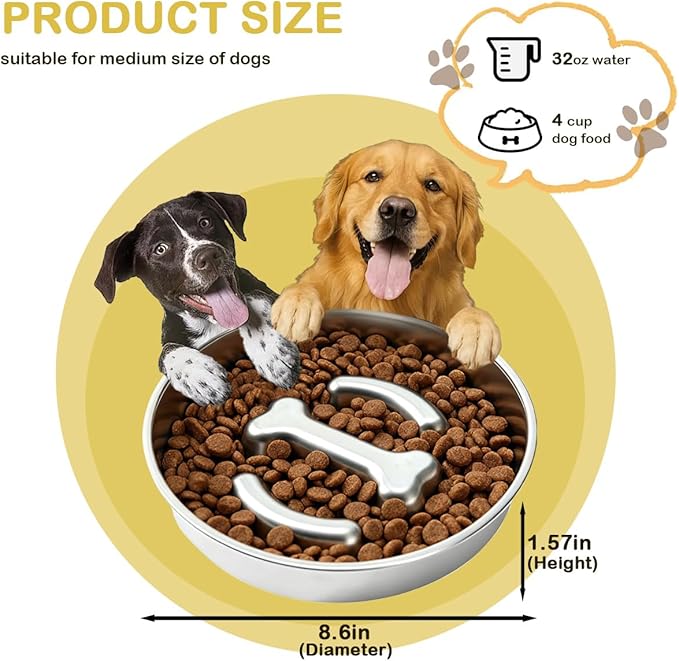Medium Stainless Steel Slow Feeder Pet Bowls-Non-Slip Stainless Steel Bowl,4-Cup Capacity Slow Feeder to Prevent Indigestion,Dishwasher Safe,Comes with Spatula & Pastry Brush (Bone)