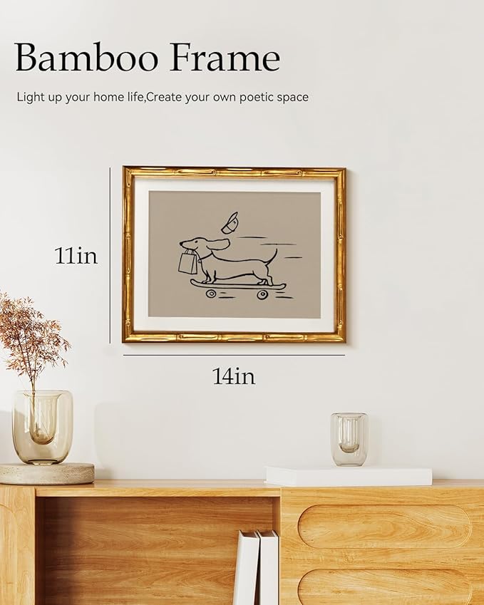Cute Skateboarding Dog Gold Framed Canvas Wall Art 11x14, Modern Minimalist Courier Dachshund Line Drawing Animal Print, Playful Pet Artwork Living Room Bedroom Kids Room Office Gift Home Decor