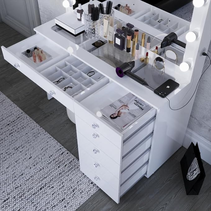 Boahaus Serena White Makeup Vanity with Mirror and 11 Lights, 7 Drawers, Glass Top, Crystal Knobs, USB-A & USB-C Ports, 110V Power Outlet, Bedroom Vanity Desk (White)