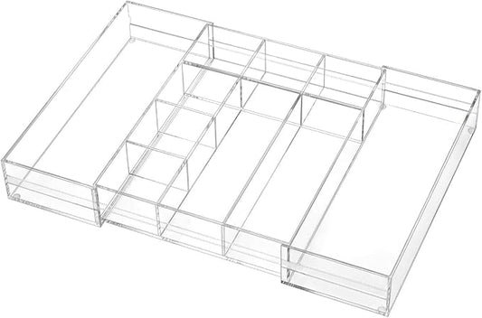 1 Pcs Acrylic Desk Drawer Organizer 2 Inch Height Expandable Drawer Organizer Trays with 10 Adjustable Compartments Desk Accessories for Makeup Silverware Office Bathroom(Clear)
