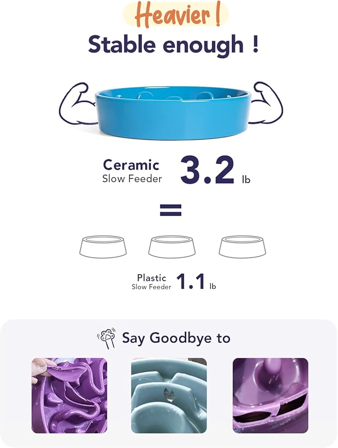 LE TAUCI Ceramic Slow Feeder Raised Dog Bowls with Wooden Stand, Puzzle Feeder, Elevated Dog Dishes to Slow Down Eating, 8 Inch Anti-Gulping Pet Feeding Dishes for Medium Dog