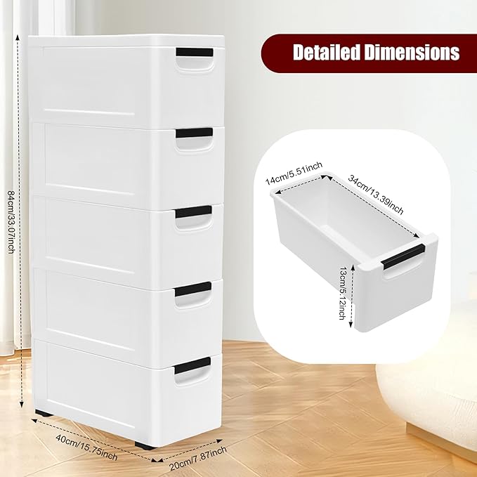 5 Drawers Narrow Slim Plastic Storage Cabinet,Storage Drawer with 4 Wheels,5 Tier Drawers Dresser,White