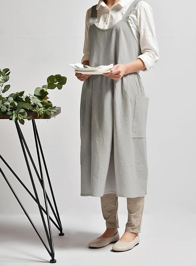 Uaussi Cotton Linen Apron Cross Back Work Apron for Women with Pockets Pinafore Dress X Cross Halter Apron for Chef Gardening
