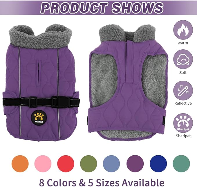 Dog Coat for Winter, Windproof Dog Apparel for Cold Weather, Furry Collar Warm Fleece Lining Water Resistant Pet Coats with Buckle, Reflective Pet Winter Clothes for Large Dogs, Purple XXL