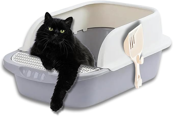 Large Open-Top Cat Litter Box with High Sides, Enclosed Scatter Shield Design, Easy Clean Plastic Litter Pan, Includes Scoop (Grey)