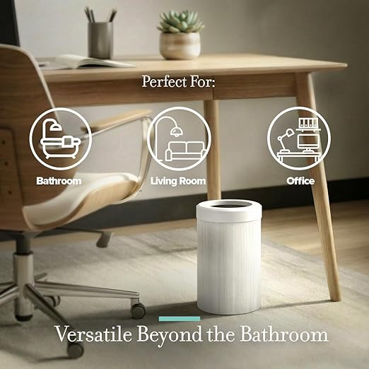 Gatco Small Bathroom Trash Can with Lid, Round 3 Gallon Wastebasket, Under Sink, White Oak with Matte White, for Bathroom, Bedroom, Office (1932W)