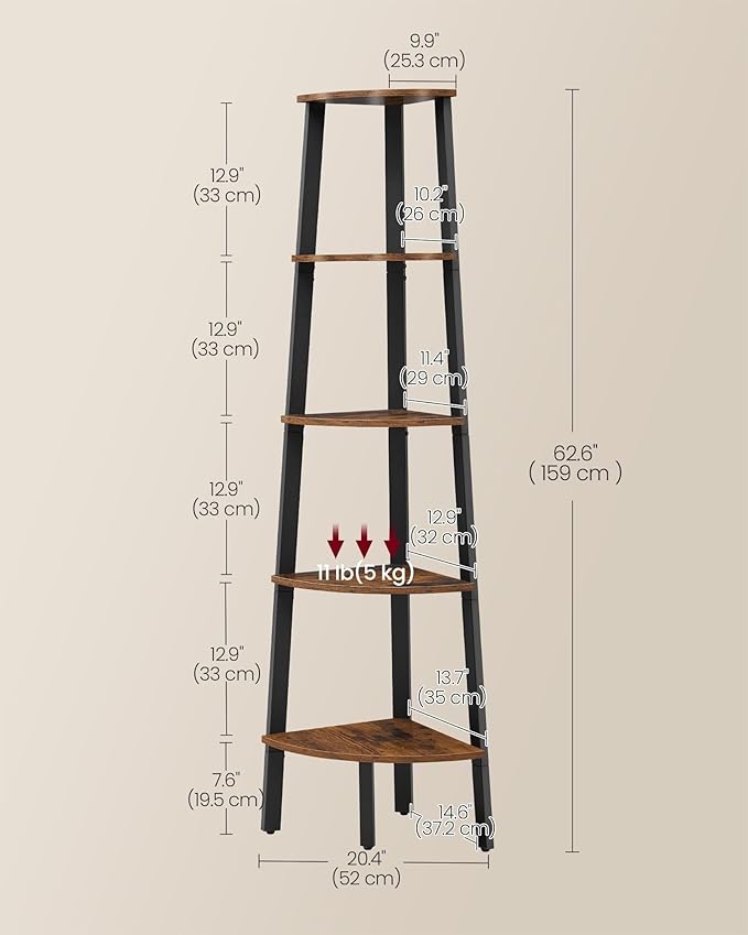 VASAGLE Corner Shelf Stand, 5-Tier Corner Bookshelf, Industrial Ladder Shelf, Plant Stand for Living Room, Office, Kitchen, Rustic Brown and Black ULLS35X