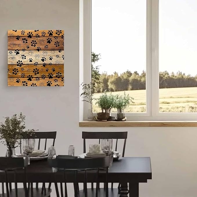 Framed Canvas Wall Art for Living Room Dog Paw Print Wall Decor, Retro Brown Yellow Wood Grain Aesthetic Paintings for Bedroom Office Kitchen Bathroom, Ready to Hang Artwork Wall Pictures 8x8 Inch