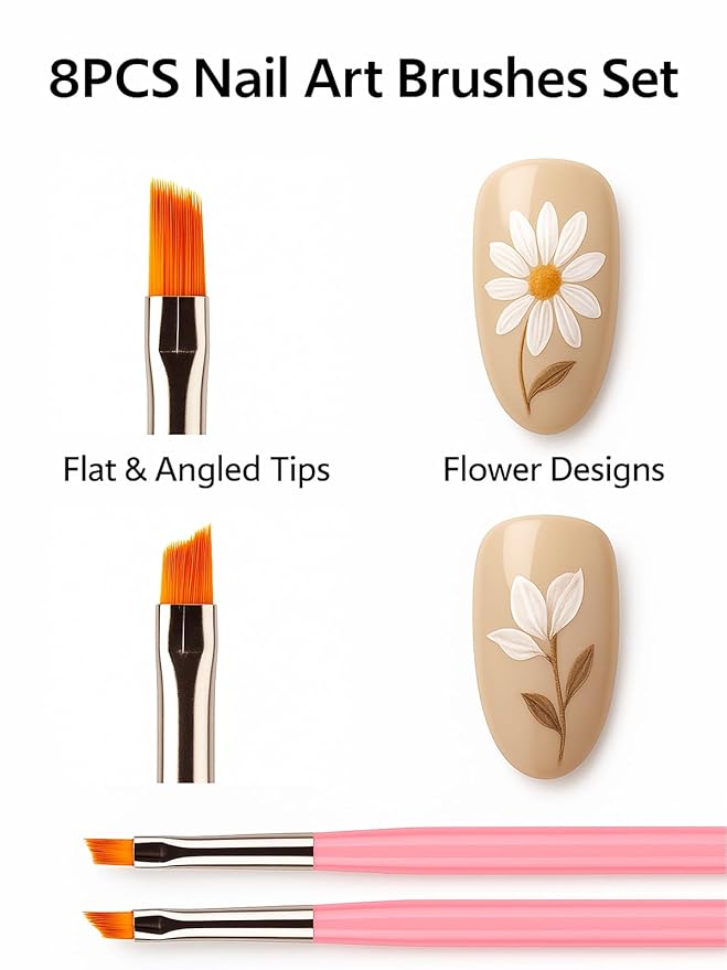 8PCS Nail Art Brushes Set, Flat and Angled Painting Brushes for Acrylic Nail Art Design, Gel Polish Application, Petal and Flower Pattern Drawing Tools for Beginners and Professionals