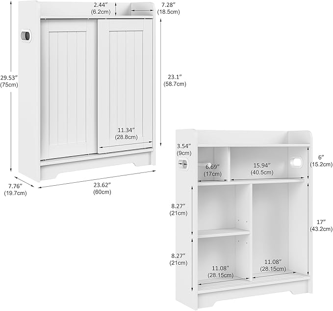 Bathroom Floor Cabinets, Slim Bathroom Storage Cabinet with Sliding Door, Ideal for Toilet Paper Holder, Adjustable Shelves, Next to Toilet Solid Cabinet for Bathroom,Kitchen,White