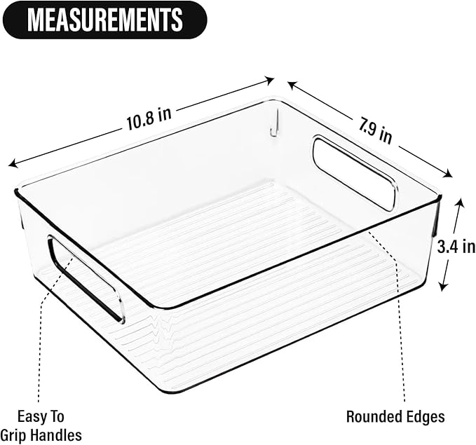 Clear plastic organizer bins dimensions and size specifications
