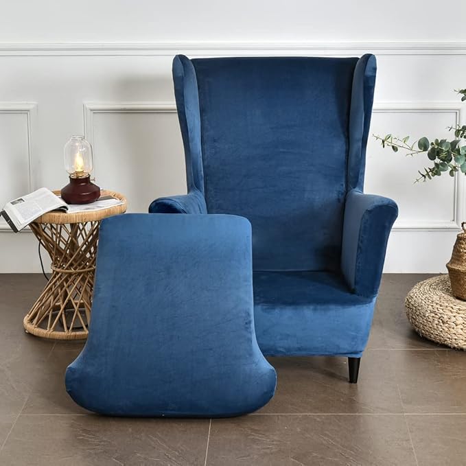 OBCREAT Wingback Chair Covers,2 Piece Stretch Velvet Wingback Chair Slipcover Soft Wing Chair Sofa Covers with Elastic Bottom,Armchair Couch Cover Furniture Protector for Living Room (Navy)
