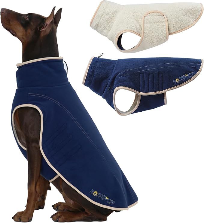 ROZKITCH Dog Coats for Large Dogs Winter Adjustable, Warm Fleece Sherpa Sweater with Leash Hole, Windproof Cold Weather Coat,Double-Sided Winter Vest for Large Giant Breeds DarkBlue 4XL