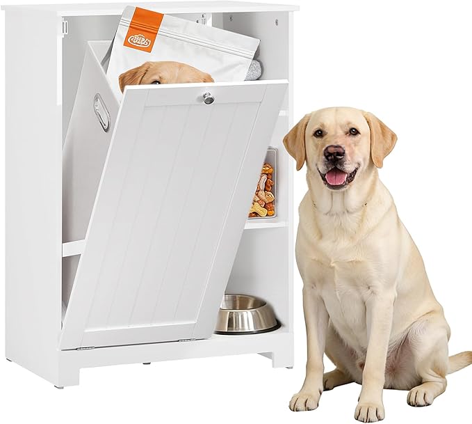 Dog Food Storage Cabinet with Tilt-Out Bin and Open Shelves, Pet Storage Organizer Cabinet with Magnetic Door and Anti-Tip Design, White Kitchen or Bathroom Furniture, BZR105-W