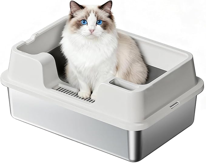 Enclosed Stainless Steel Cat Litter Box with Lid Extra Large Litter Box for Big Cats XL Metal Litter Pan Tray with High Wall Sides Enclosure, Non-Sticky, Anti-Leakage, Easy Cleaning