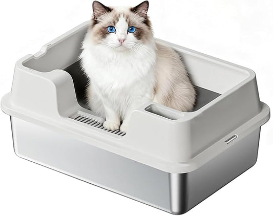 Enclosed Stainless Steel Cat Litter Box with Lid Extra Large Litter Box for Big Cats XL Metal Litter Pan Tray with High Wall Sides Enclosure, Non-Sticky, Anti-Leakage, Easy Cleaning