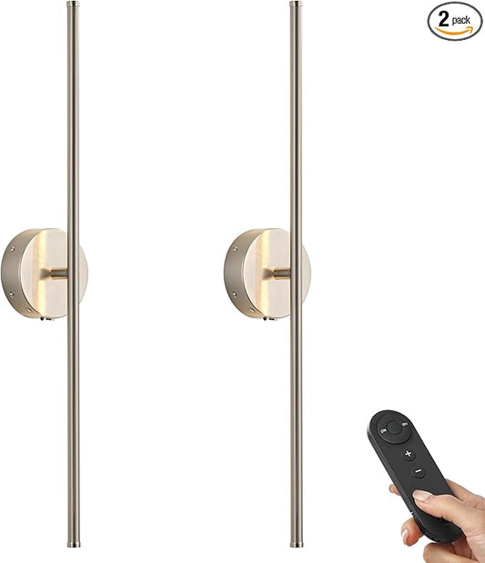 Battery Operated Wall Sconces with Remote Control, Dimmable Wall Sconces Set of Two, 350°Rotate, 3000K LED Nickel Wireless Wall Light for Living Room, Bedroom, Hallway, 24.4 Inch (2 Pack)