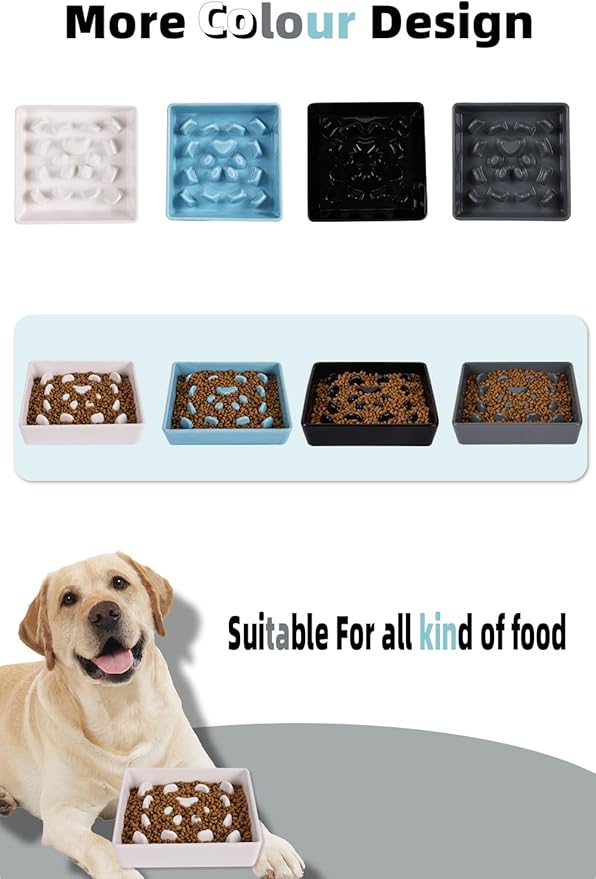 Square Slow Feeder Dog Bowls, Ceramic Fun Slow Eater Bowl for Small Medium Breed (White)