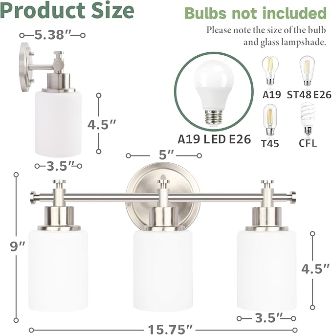 3-Light Bathroom Vanity Light Fixtures, Brushed Nickel Compact Wall Sconce with White Glass Shade for Mirror, Bathroom, Living Room, Modern Style, E26 Base, 15.75 Inch
