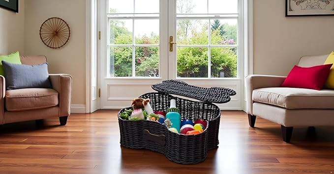 Morezi Dog toy basket bin box with lid bone shape designed personalized great for organizing chew toys leashes clothing in living room area for pet dogs cats breeds