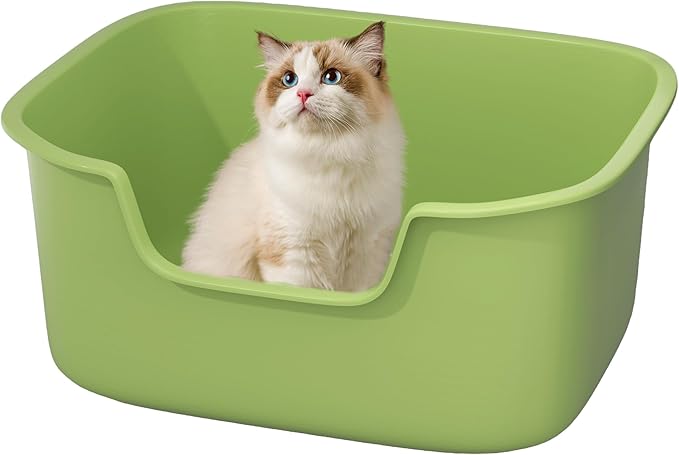 Large Cat Litter Box with High Sides, Side Entry Open Top Deep Tall Litter Pan, Kitty Litter Box for Indoor Small and Medium Cats, Green (Anti-Splashing) 19.7" L x 15.4" W x 8.6" H