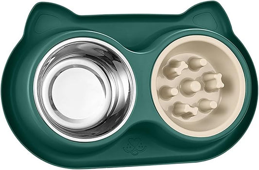 Slow Feeder Dog & Cat Bowls - 3-in-1 Slow Feeding & Water Bowl | Non-Slip Mat & Stainless Steel Bowls | Final Loss Leader Sale | Limited Stock While Supplies Last. (Green)
