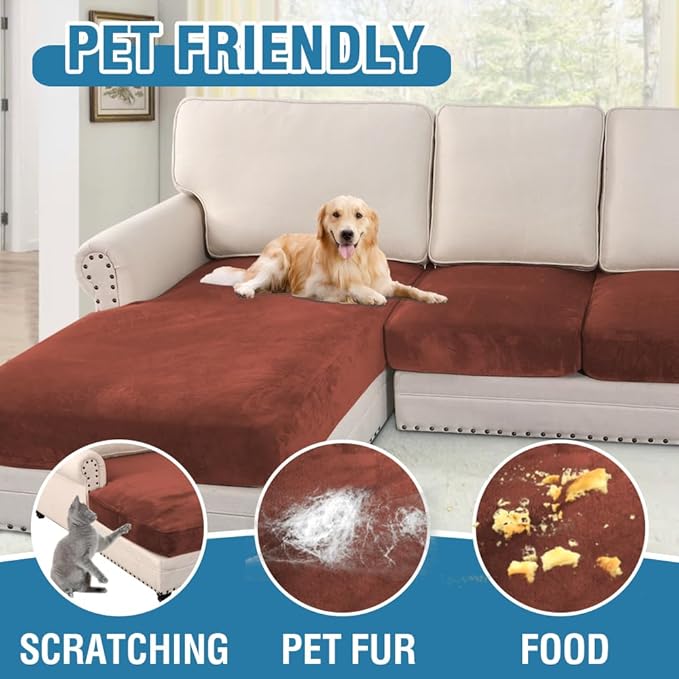 H.VERSAILTEX Velvet Stretch Sectional Couch Covers 4 Pieces Sofa Seat Cushion Covers L Shape Separate Cushion Couch Cover for Both Left/Right Sectional Couch (Large Sofa 3 Seater + 1 Chaise, Rust)