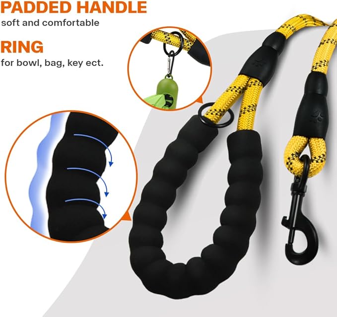 Taglory Rope Dog Leash 5 FT with Comfortable Padded Handle, Highly Reflective Threads Leash for Medium Large Dogs, 1/2 inch, Yellow