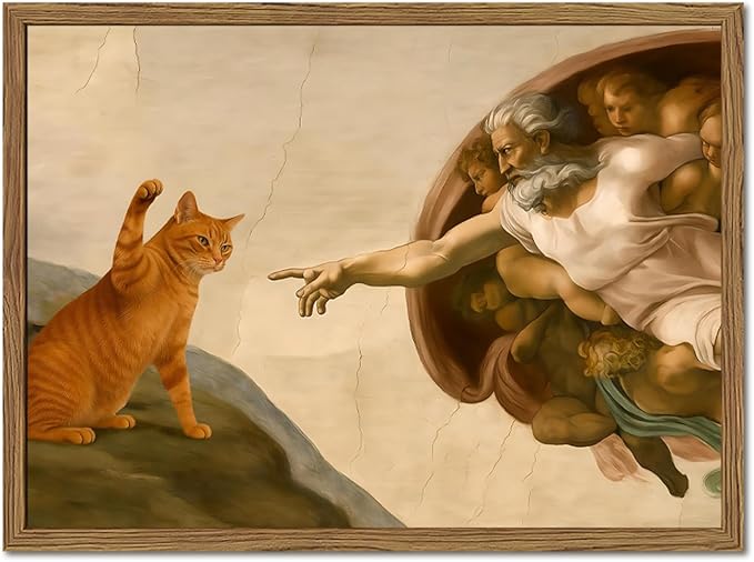 Funny Creation of Adam and Cat Wall Art, Whimsical Cat and God Wall Decor Painting Quirky Michelangelo and Animal Poster Canvas Print for Bedroom Living Room 16x24 inch Wood Framed