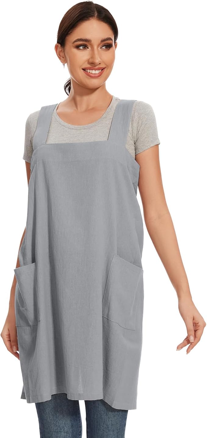 Women Apron with 2 Pockets Cotton Linen Kitchen Baking Cooking Chef Cross Back Pinafore Dress