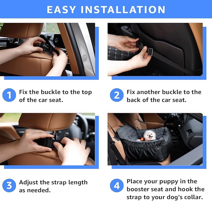 Dog Car Seat for Small Dogs,Washable Pet Booster Seats with Clip-On Safty Leash, Comfy Deluxe Plush Carseat with Storage Pockets, Puppy Car Travel Carrier Bed for Dogs Under 25 lbs, Black