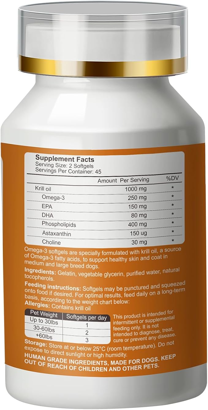 Krill Oil Omega 3 for Dogs - Allergy Relief - Joint Health - Itch Relief, Shedding - Skin and Coat Supplement - 180-Count Deep Sea Krill Oil Capsules - Omega 3 6 9 - EPA & DHA Fatty Acids